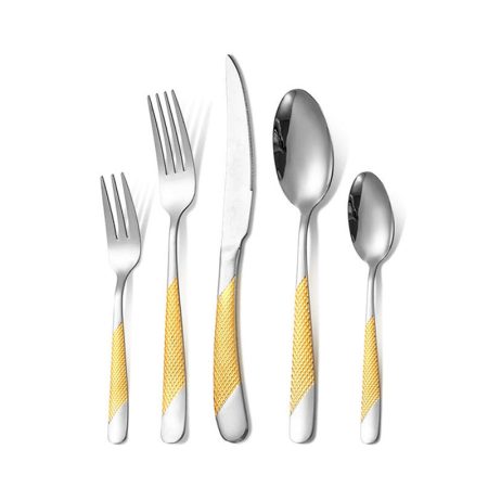 Stainless Steel Knife Fork Spoon Gold Plated Handle Cutlery Set of 5